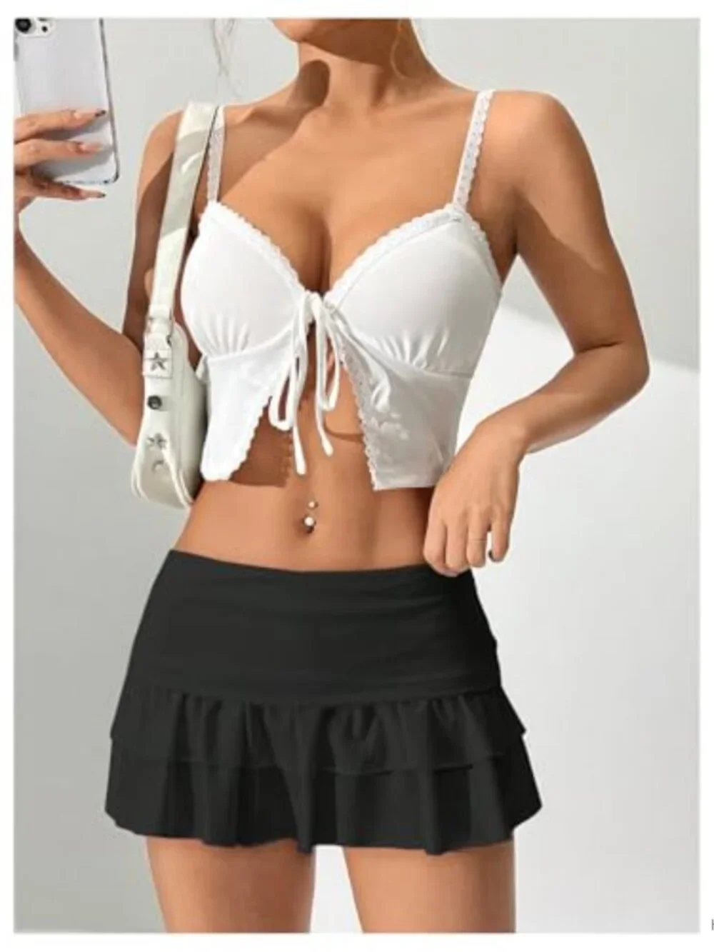 Ruffle Mini Skirt Flowy Layered with Built-in Shorts Y2K